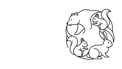 Minimalist circular animal illustration with a bear, two squirrels and a rabbit line art