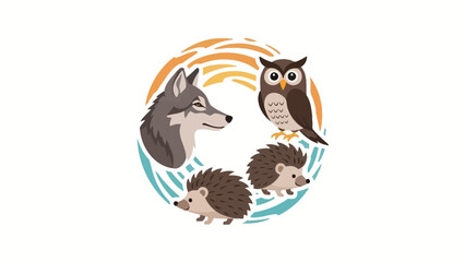 Illustrative depiction featuring forest animals: wolf, owl, and hedgehog cartoon design