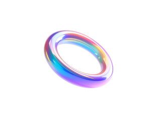 Shiny, iridescent, ring-shaped object floating against a black background
