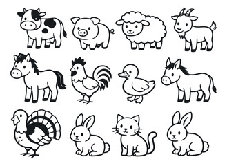Obraz premium Hand drawn line art farm and domestic animals set featuring a cow, pig, sheep, horse, and rabbit for kids' designs and learning
