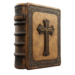 Antique Brown Book With Cross On Cover. Religious Book With Textured Details, On White.