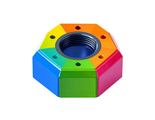 3D render of a colorful hexagonal nut with internal threads