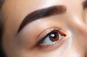 Obraz premium Woman has perfect shaped eyebrows after lamination treatment. A beautician styled her brow hairs for a flawless look. Her lashes are also beautifully defined and long.