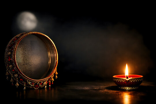 Karwa Chauth Celebration Background with Decorative Channi Sieve, Lit Diya Oil Lamp, and Full Moon in Night Sky