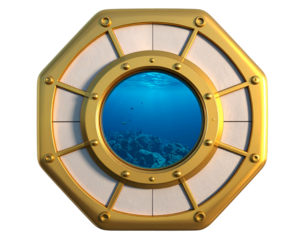 Octagonal window frames the sea, revealing coral and fish
