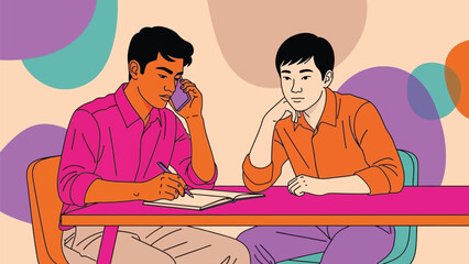 Two vibrant individuals engaged in a dynamic exchange of information and collaborative planning