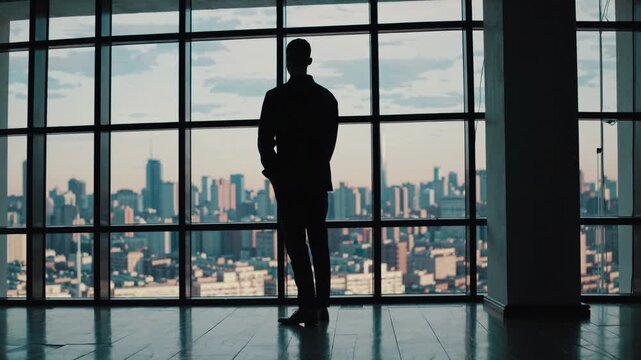 Cinematic Wide Shot of Person Standing by Office Window with Blurred City Skyline