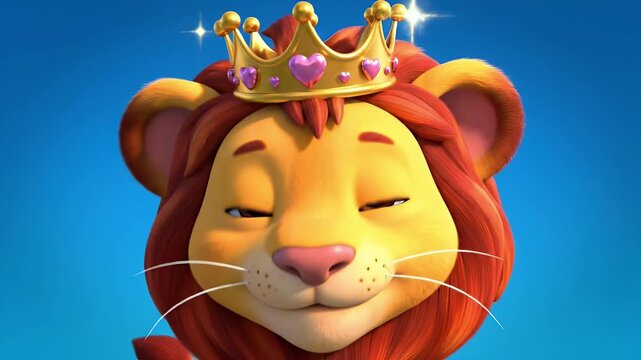 Cute Cartoon Lion Cub with Golden Crown on Blue Background