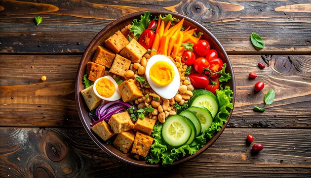 Healthy and nutritious vegetarian bowl with tofu, egg, and fresh vegetables, a balanced meal