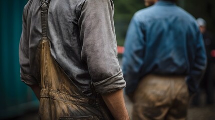 Workers in stained overalls and rolled up sleeves focus on an outdoor industrial work site