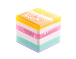 Colorful, layered cube confection, translucent, on black
