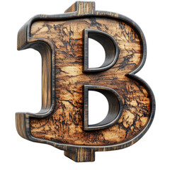 Wooden Symbol Of The Thai Currency Baht. Textured, Aged Wood With Dark Accents.