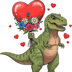 Cute cartoon Tyrannosaurus Rex holding large red heart flower bouquet with roses and daisies for funny Valentines Day dinosaur illustration. © Delowara