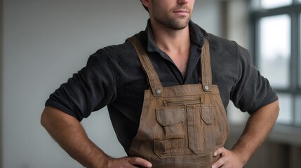 A man wearing brown overalls and a dark shirt stands with hands on hips exuding a professional and sturdy demeanor