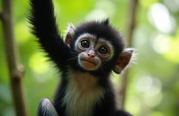 Close up portrait of cute baby spider monkey with curious look. Primate hangs on tree branch in forest. Young animal with fur explores wildlife, enjoys jungle nature.