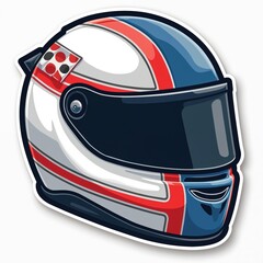 Fototapeta premium Isolated sticker shows helmet for car racing. Protective headgear has visor, stripes, color decor. Helmet is safety equipment for motorsport and auto race. Sport event sticker, car club logo.