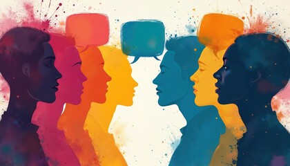 Illustration of diverse people with speech bubbles. Silhouettes show communication conversation ideas social interaction. Colorful abstract art. People discuss share talk interact in network.