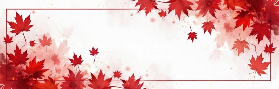 Red maple leaves frame a white background suggesting Canada Day celebrations. Watercolor splashes and soft light create festive, patriotic ambiance for national holidays and events.