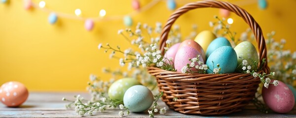 Hand painted colorful easter eggs in a basket. Delicate white flowers adorn pastel colored eggs. Spring holiday festive decor on wooden table. Yellow background.