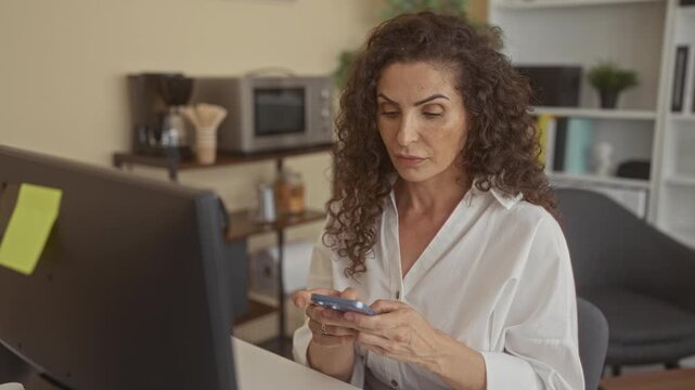Woman in white shirt holding smartphone and looking at computer monitor in building gesturing with hand; concentration productivity.