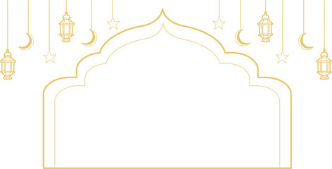 Elegant white Islamic arch frame with golden Ramadan lanterns and crescent moons. Minimal mosque window outline with bright copy space. Perfect for Ramadan Kareem, Eid Mubarak, and luxury Islamic .