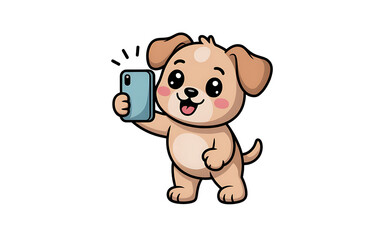 Naklejka premium Cute cartoon dog holding phone isolated on transparent background