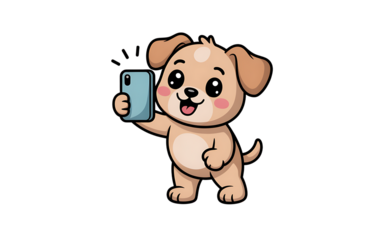 Cute cartoon dog holding phone isolated on transparent background