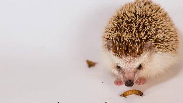 African Pygmy Hedgehog Eating a Mealworm on a White Background