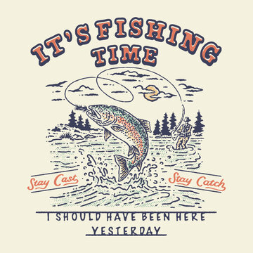 fishing illustration river graphic trout design nature badge text vintage outdoor