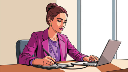 Focused female designer creating digital art on a graphic tablet while multitasking with laptop
