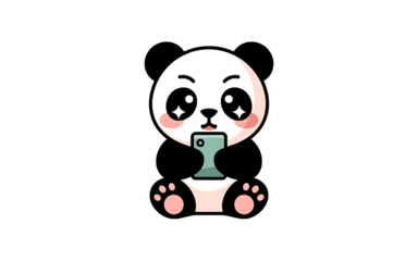 Cute panda bear holding phone isolated on transparent background