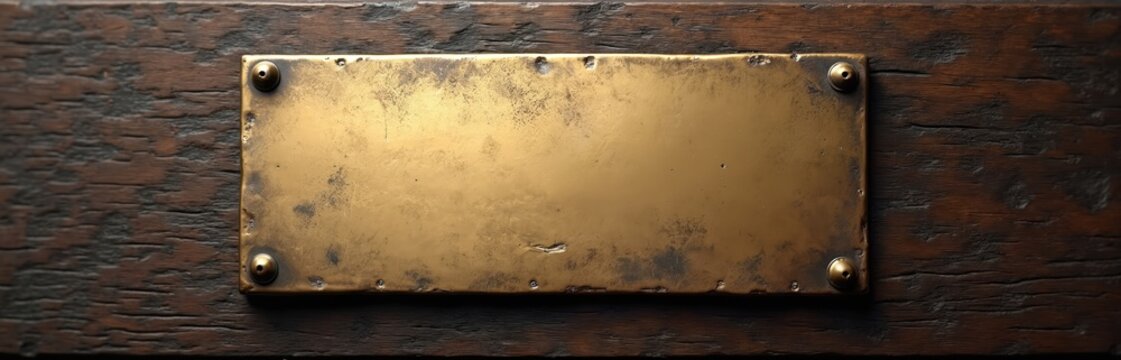 Aged metal plate affixed to weathered wooden surface. Brass nameplate has visible patina and secured with rivets. Suitable for vintage design projects historical themes or as blank template.