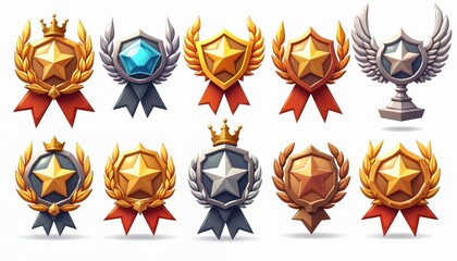 Game badges set with stars, laurel wreaths, crowns. Award medals isolated on white. Victory, prize, achievement elements for rpg games, apps. Icons for web design, ui, mobile, bonus, user interface.