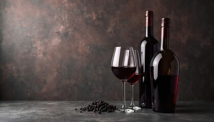 Dark composition with red wine in bottles, glasses. Pile of peppercorns lays nearby. Moody still life suits restaurant menu design sommelier wine tasting event promotion. Elegant concept for beverage