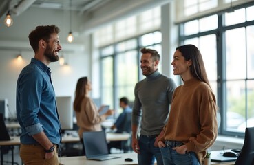 Group of professionals in modern office space. Team members communicate discuss work strategy. Diverse workers enjoy positive friendly environment together. Employees smiling collaborating on project.