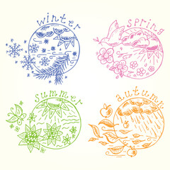  Four seasons. Hand drawn doodle circular compositions: winter, spring, summer, autumn.