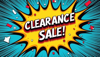 Bold pop art style graphic illustration announces clearance sale with explosive design. Dynamic text shouts Clearance Sale. Vibrant color scheme, comic book style adds visual appeal to event