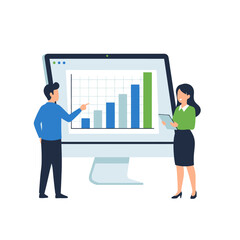 Business Analytics: Team reviewing growth chart on computer screen, teamwork concept