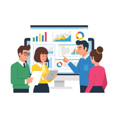 Business team analyzing charts on computer screen, presenting financial data, teamwork concept