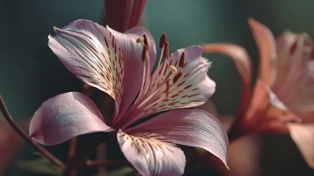 Close-up of a delicate pink and purple flower blooming in a garden.