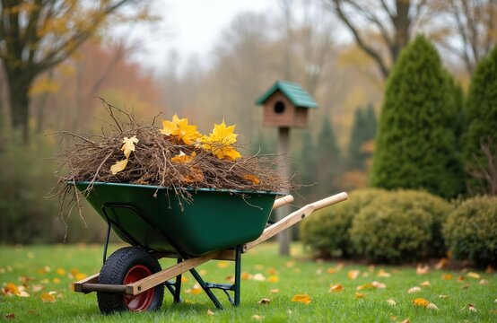 Green wheelbarrow full of dry branches, yellow autumn leaves sits on green lawn. Backyard garden shows fall clean up work, preparing for winter. Home maintenance, yard improvement, seasonal change,
