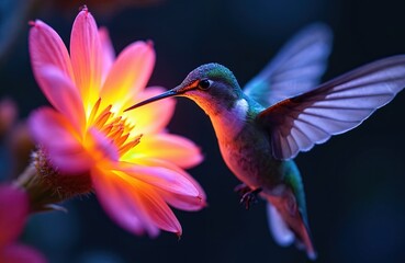 Obraz premium Hummingbird flies to blooming flower in garden. Bird feeds on nectar from colourful flower. Wildlife close-up shot. Floral theme with hummingbird and spring blossom. Bird in tropical environment.