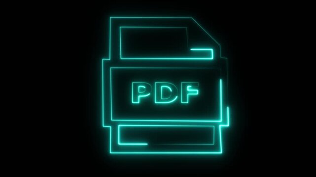 Glowing Neon PDF Document Icon on Black Background, Digital File Symbol