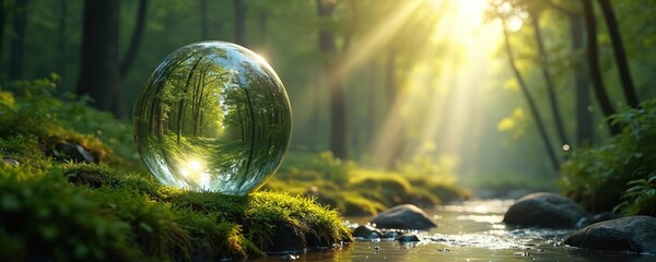 Photo captures a glass sphere reflecting a forest landscape. The eco scene involves sunlight streaming through trees. Nature forest with crystal ball is a metaphor for environment protection.