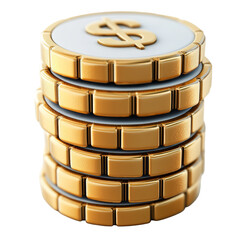 Stack Of Golden Dollar Coins With Gold Effect On White Background. Saving And Investment Concept.