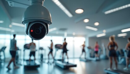 CCTV camera in gym monitors fitness workout. People exercise on treadmills. Surveillance system records training session. Security tech in health club. Indoor activity tracking concept. Gym interior