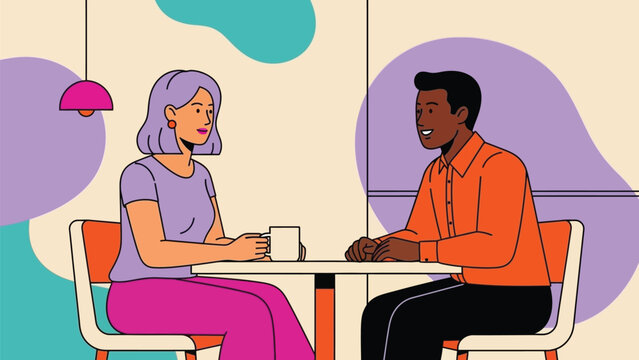 Contemporary vector art portraying a joyful interethnic couple conversing amiably at a modern table