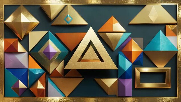 Geometric abstract artwork featuring a collection of golden and colorful shapes arranged on a dark teal background.