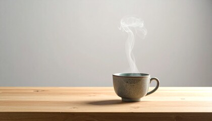 日本語 セラミックカップから穏やかに湯気が立ち上がり、木のテーブルトップとマットなソフトグレー背景、柔らかな暖光でまとめたミニマルな冬静物シーン。