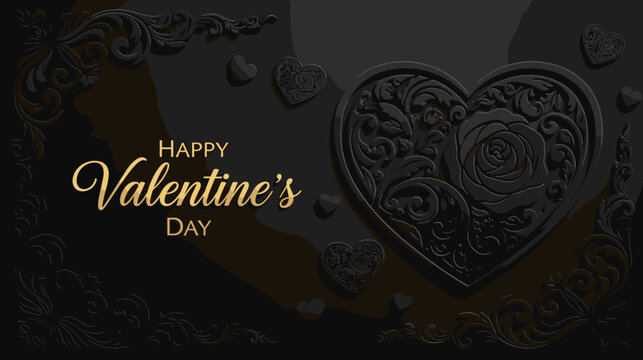 Elegant dark Valentine's Day background featuring ornate black 3D filigree heart rose carving with luxury gold script typography and flourishes.